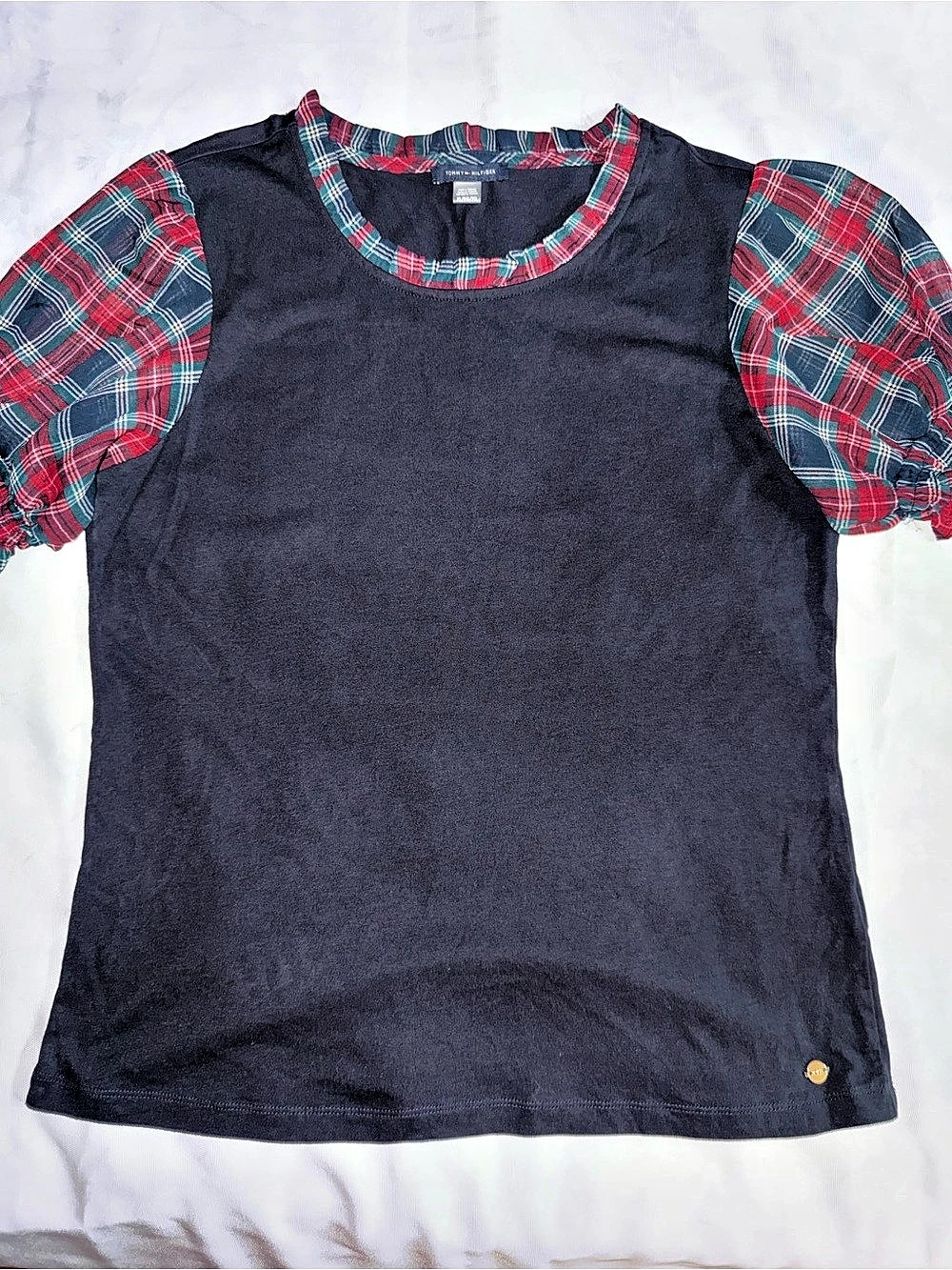 Tommy Hilfiger Plaid Sleeve Tee in Blue & Red